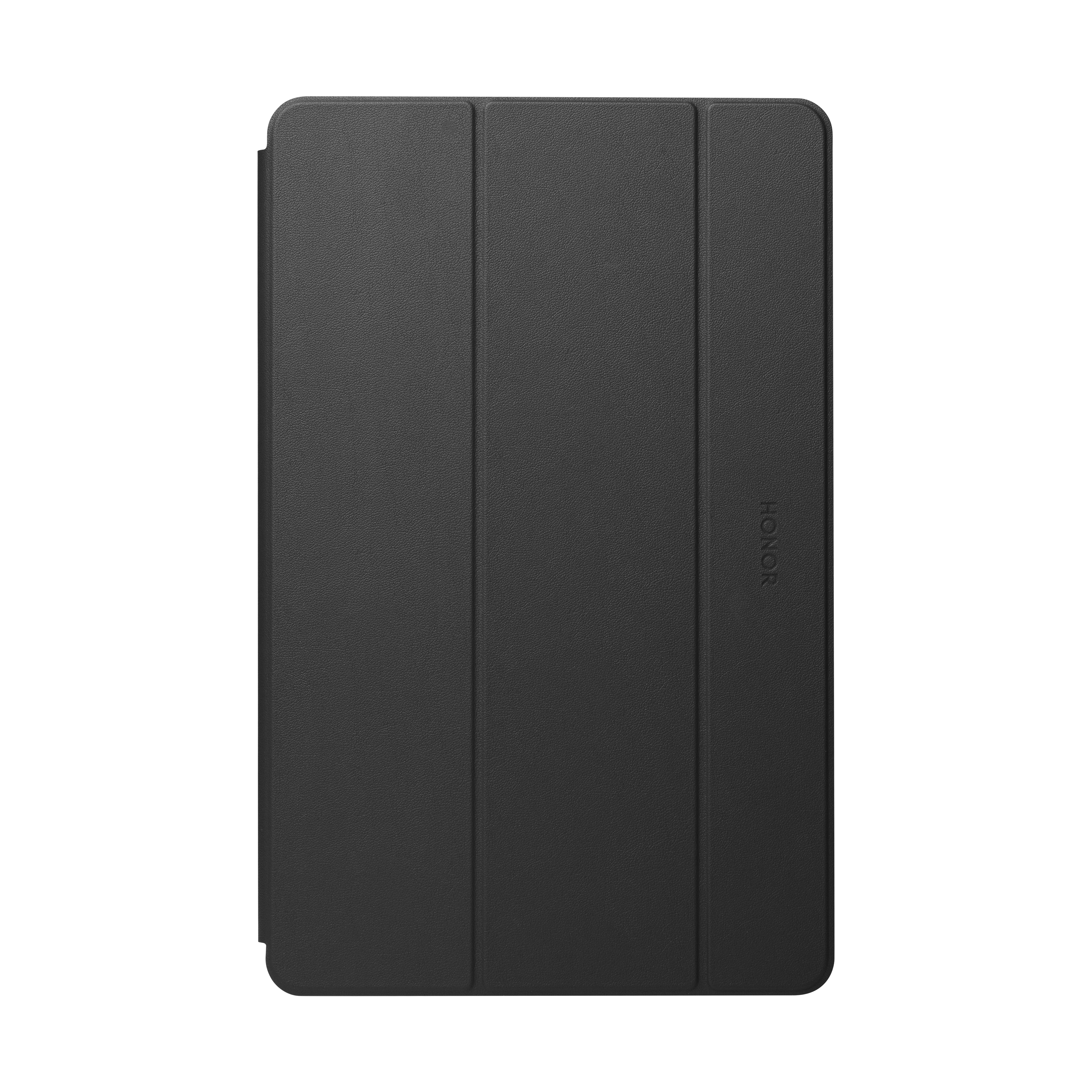 Funda plegable negra para tablet con diseño de triple pliegue y el logo de Honor sobre fondo negro.