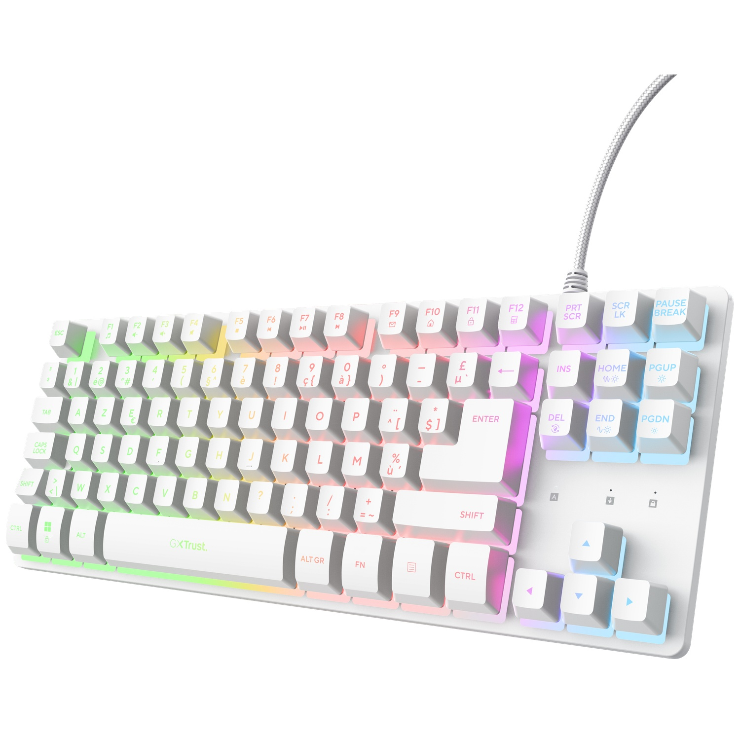 A white gaming keyboard with RGB backlight and braided cable on a white background.
