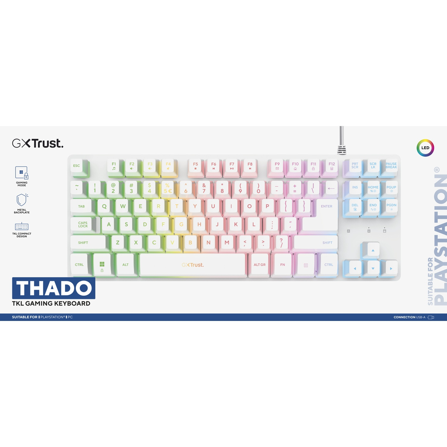 A white GXTrust Thado TKL gaming keyboard in bright packaging featuring RGB backlighting.