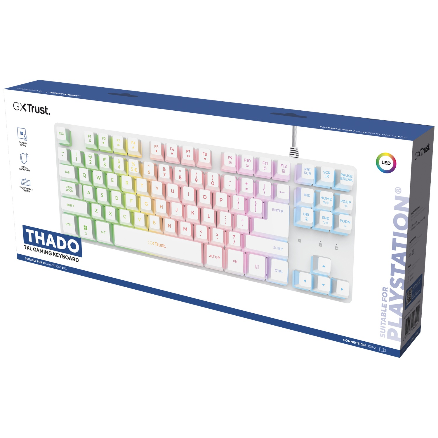 Packaging for the white GXTrust Thado TKL gaming keyboard with LED backlighting on a blue and white box.