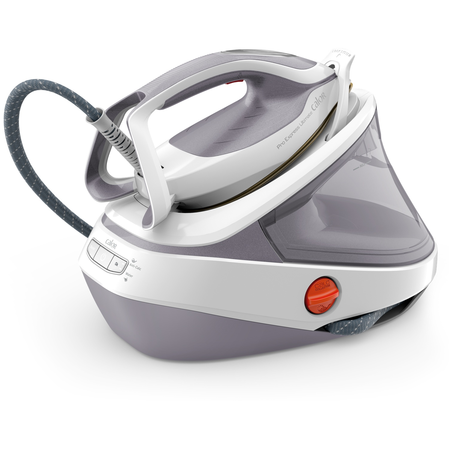 A white and grey steam generator iron with a large water tank and red calc collector on a white background.