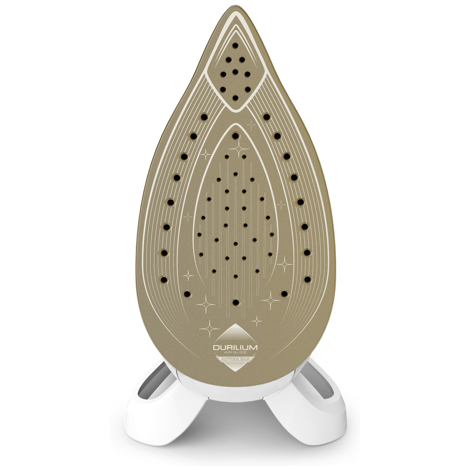 Soleplate of a gold iron with numerous steam holes on a white background.
