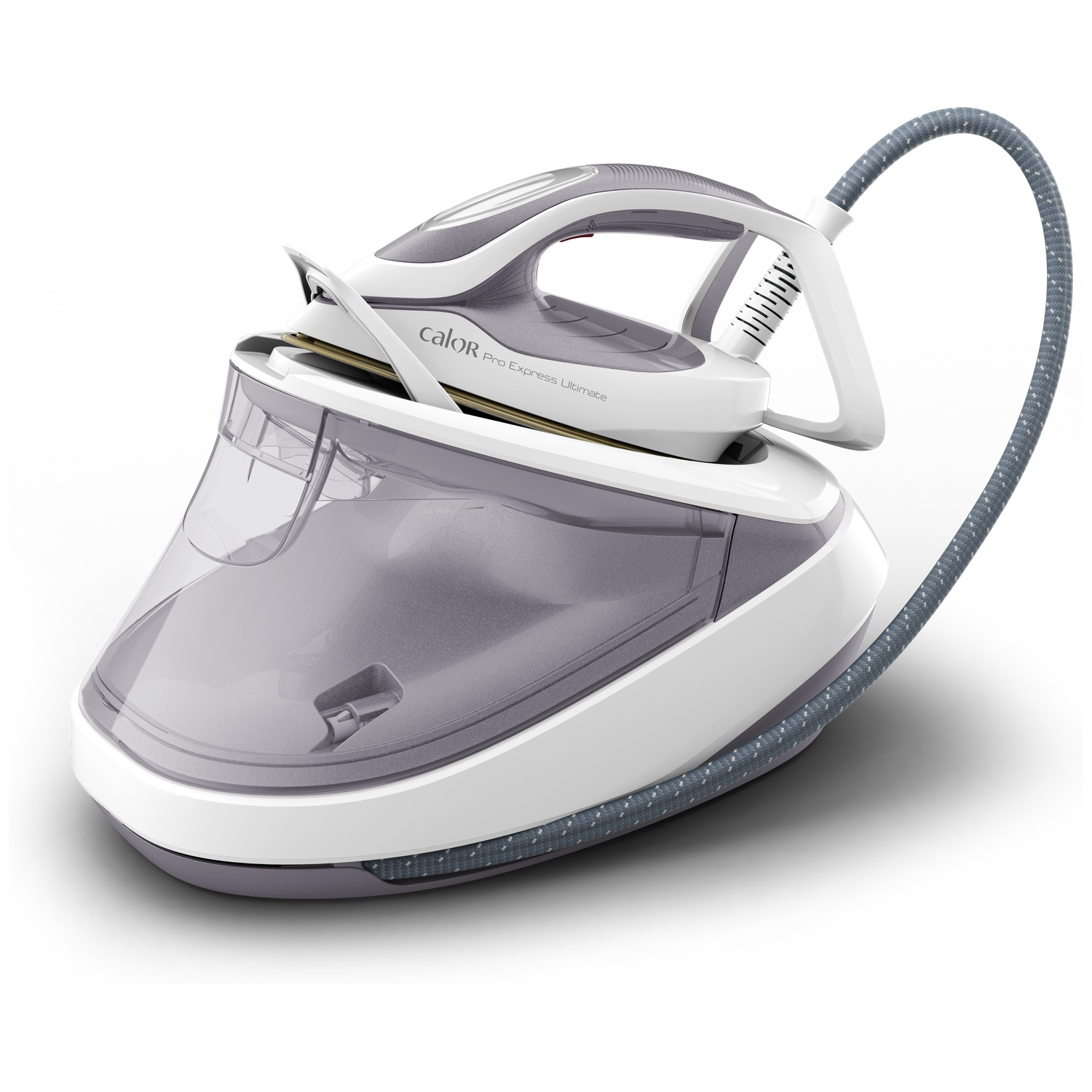 A white and purple Calor steam generator iron with a large water tank and a gray hose on a white background.