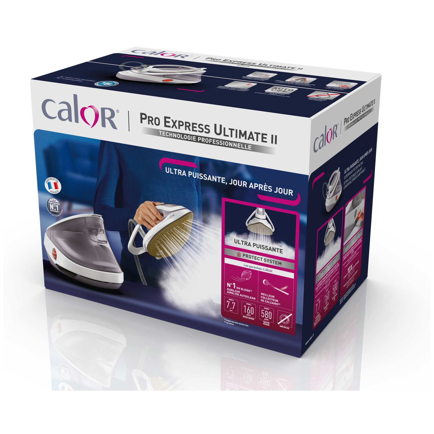 Product packaging for a Calor Pro Express Ultimate II steam station in blue and white, showing steam.
