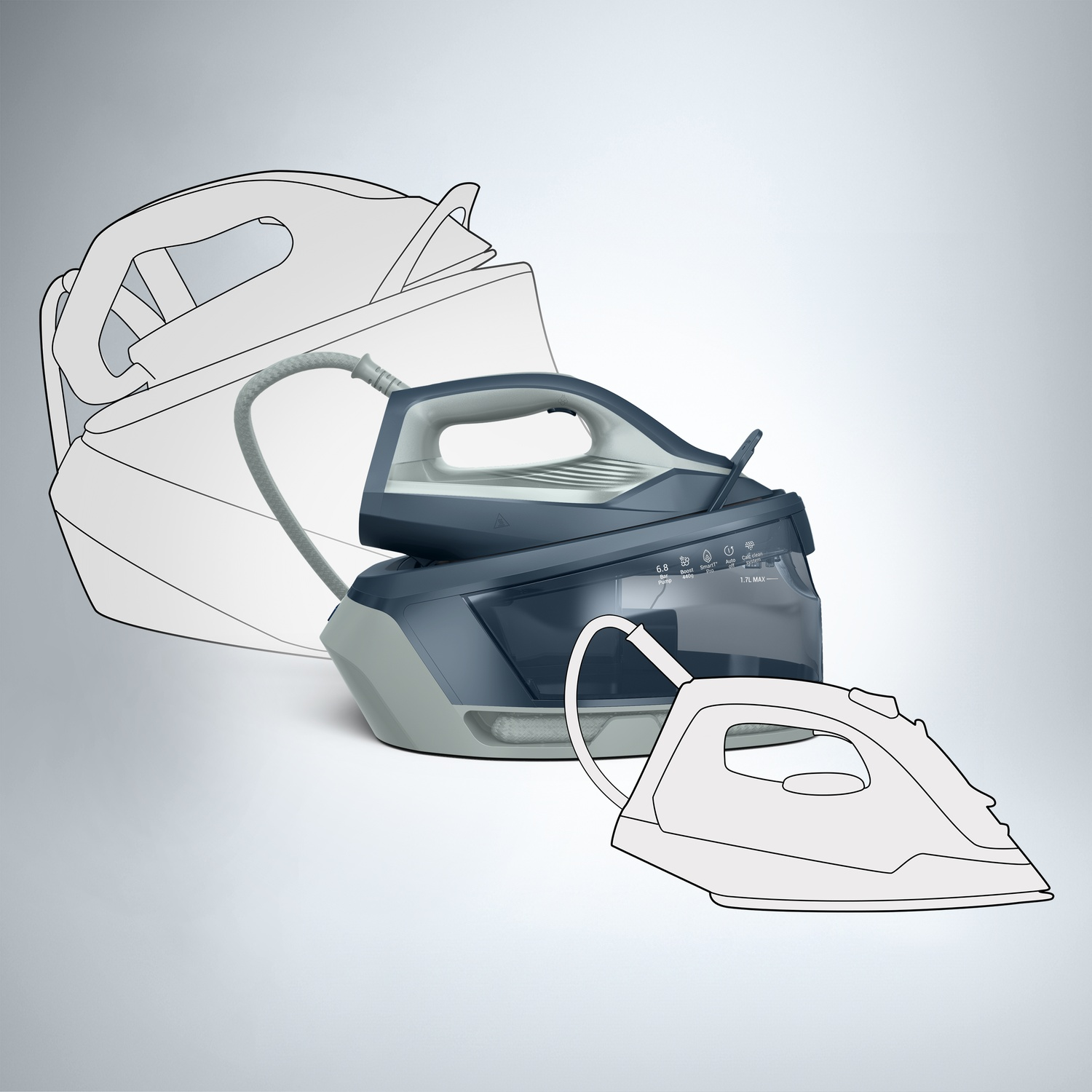 Steam generator iron with blue design, flanked by two outline sketches on a grey background.