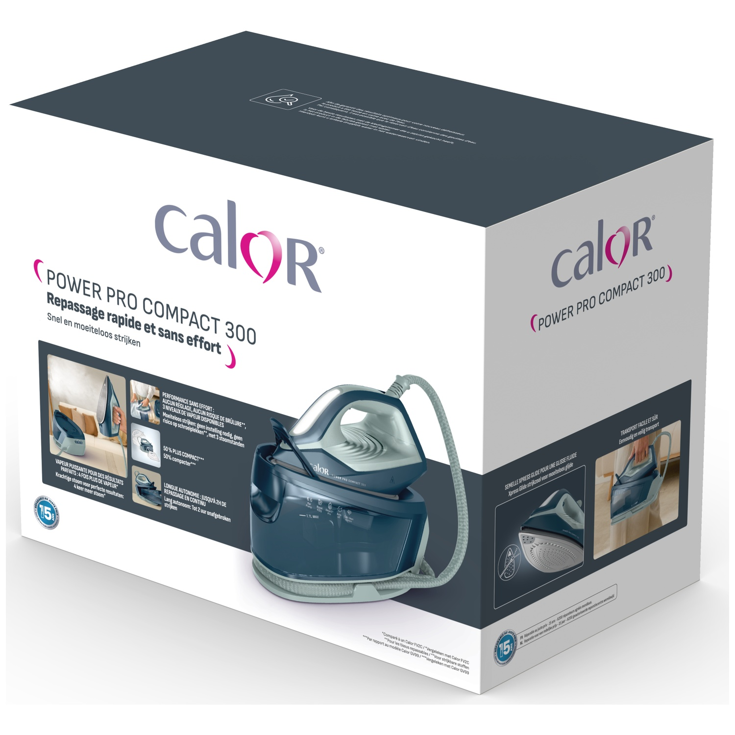Product packaging for a blue Calor Power Pro Compact 300 steam generator iron.
