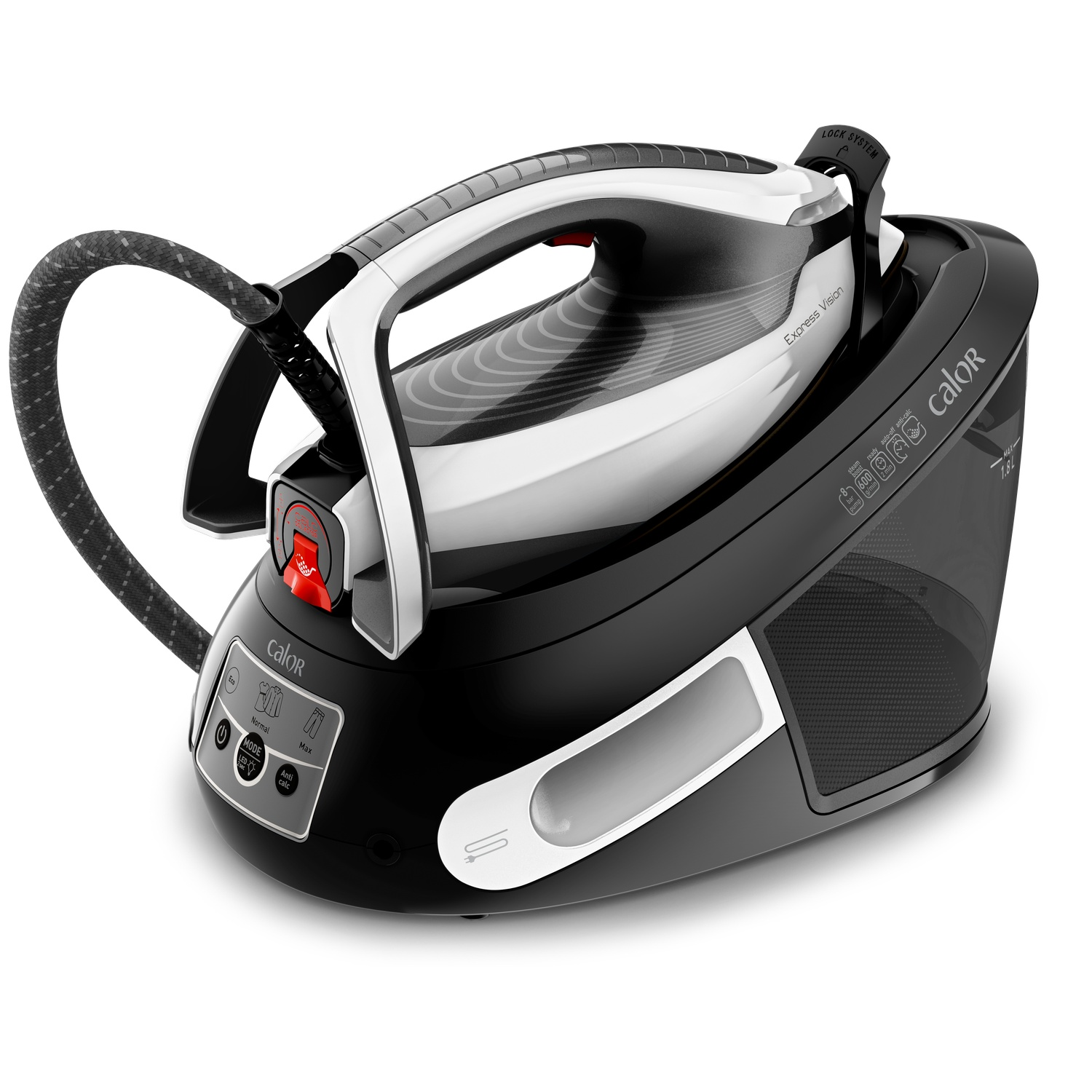 Modern black and silver Calor steam iron station with attached water tank and fabric hose.