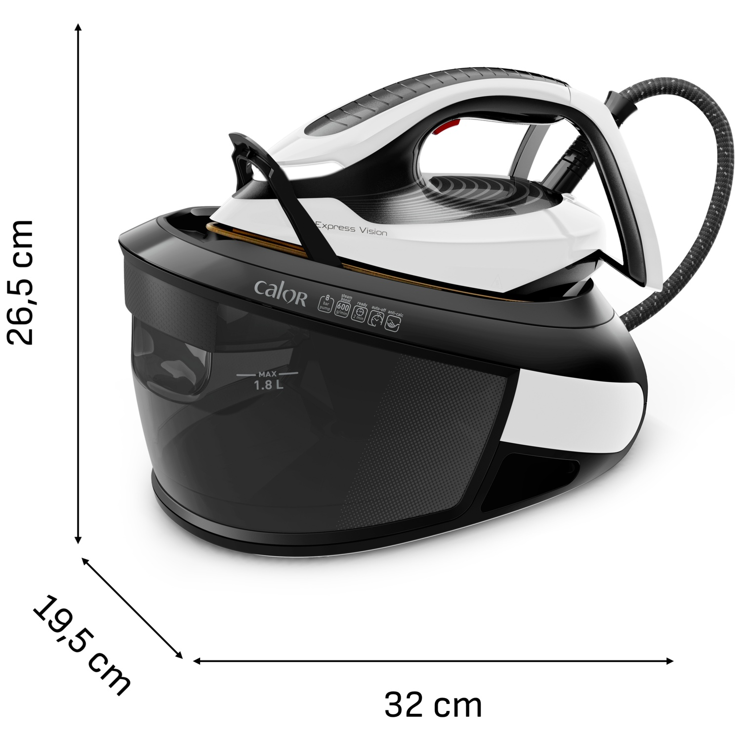 Black and white Calor steam generator iron showing dimensions of 26.5 cm height, 19.5 cm width, and 32 cm length.
