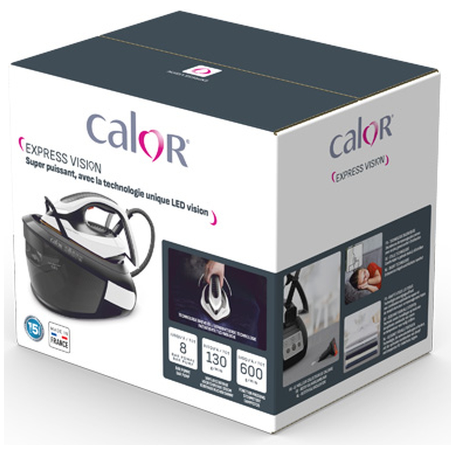A product box for Calor Express Vision steam iron, showing the iron, features, and branding.