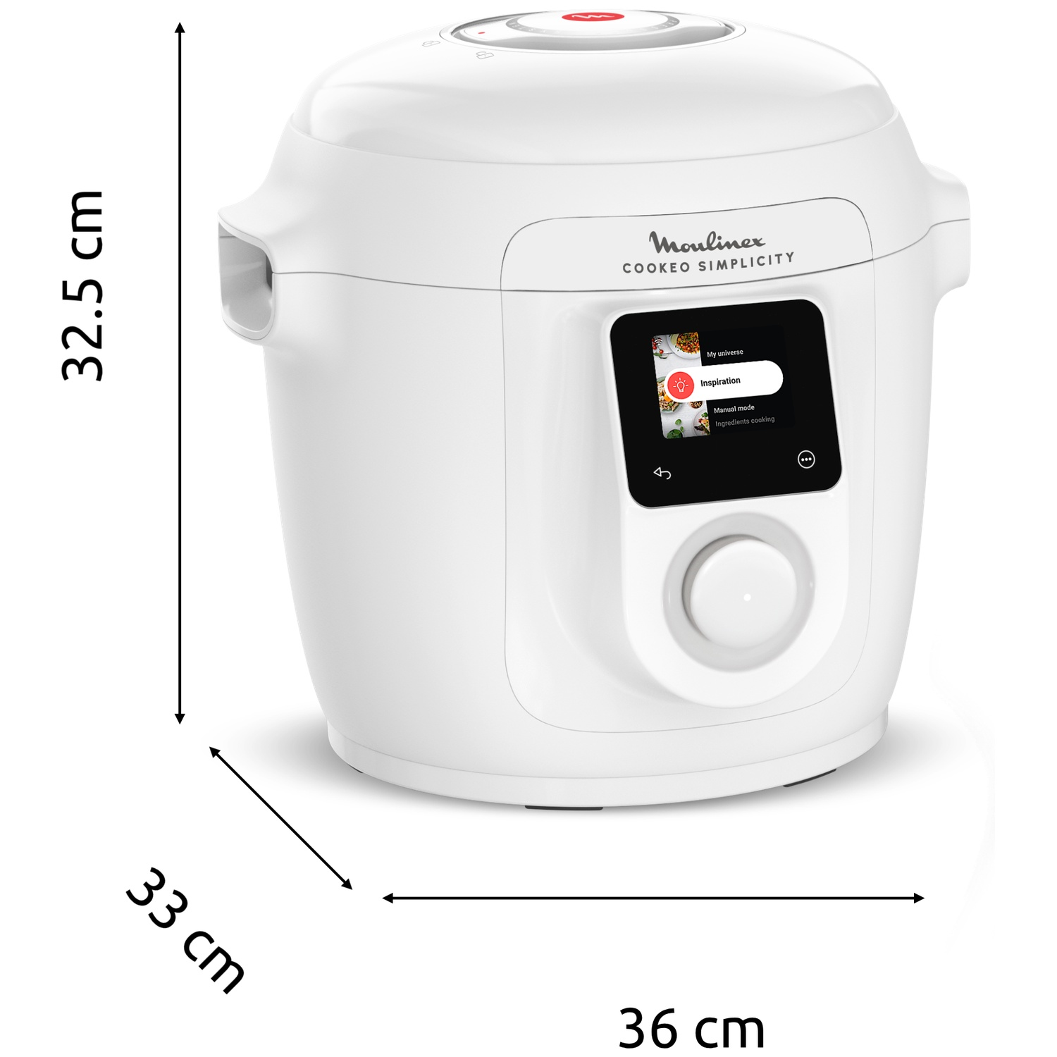 Een witte Moulinex Cookeo Simplicity multicooker van 32,5 cm hoog, 33 cm diep en 36 cm breed.