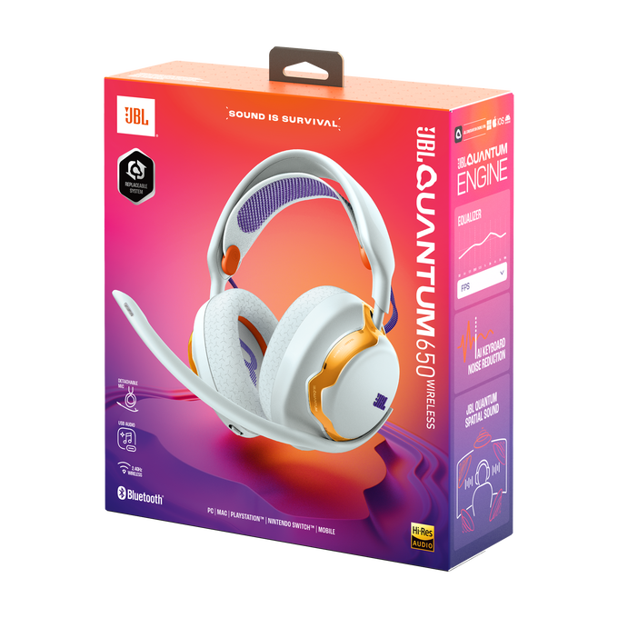 Auriculares gaming - JBL Quantum 650, 45 h de autonomía, Inalámbrico, Blanco y Naranja