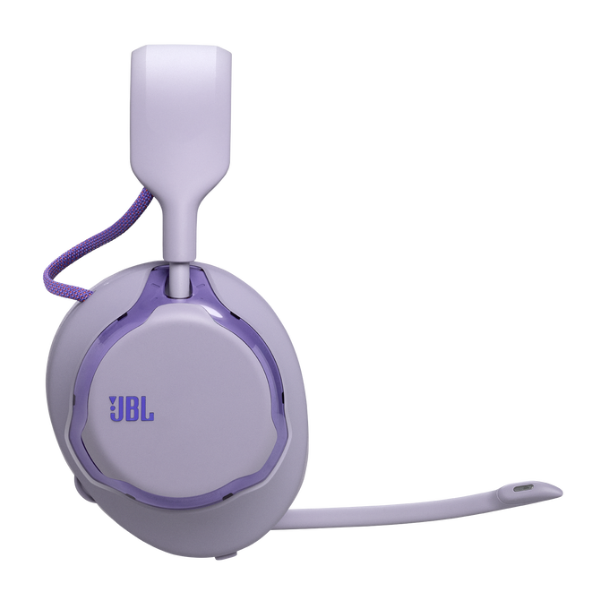 Auriculares gaming JBL morados con micrófono sobre fondo negro.