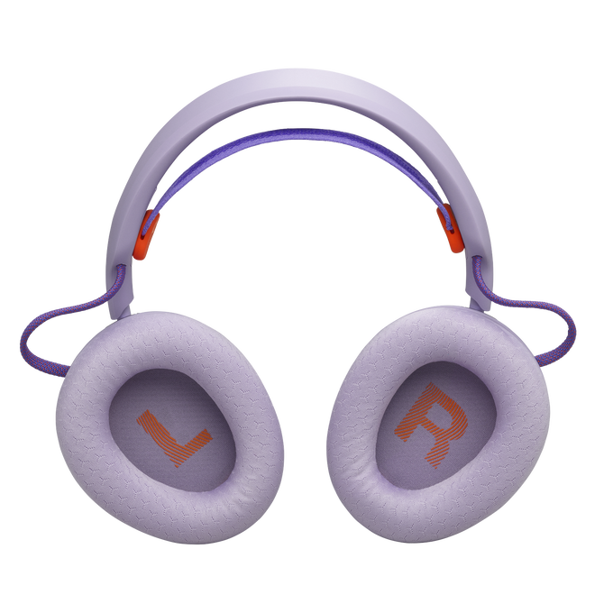 Auriculares supraaurales lilas con marcas naranjas L y R dentro de las almohadillas sobre fondo negro.
