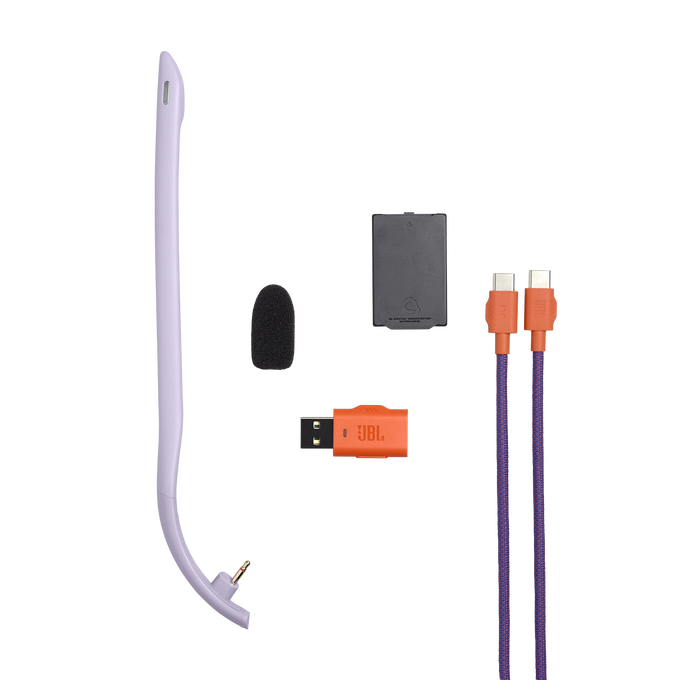 Brazo de micrófono morado, espuma, tapa negra, adaptador USB JBL naranja y dos cables USB-C morados y naranjas.