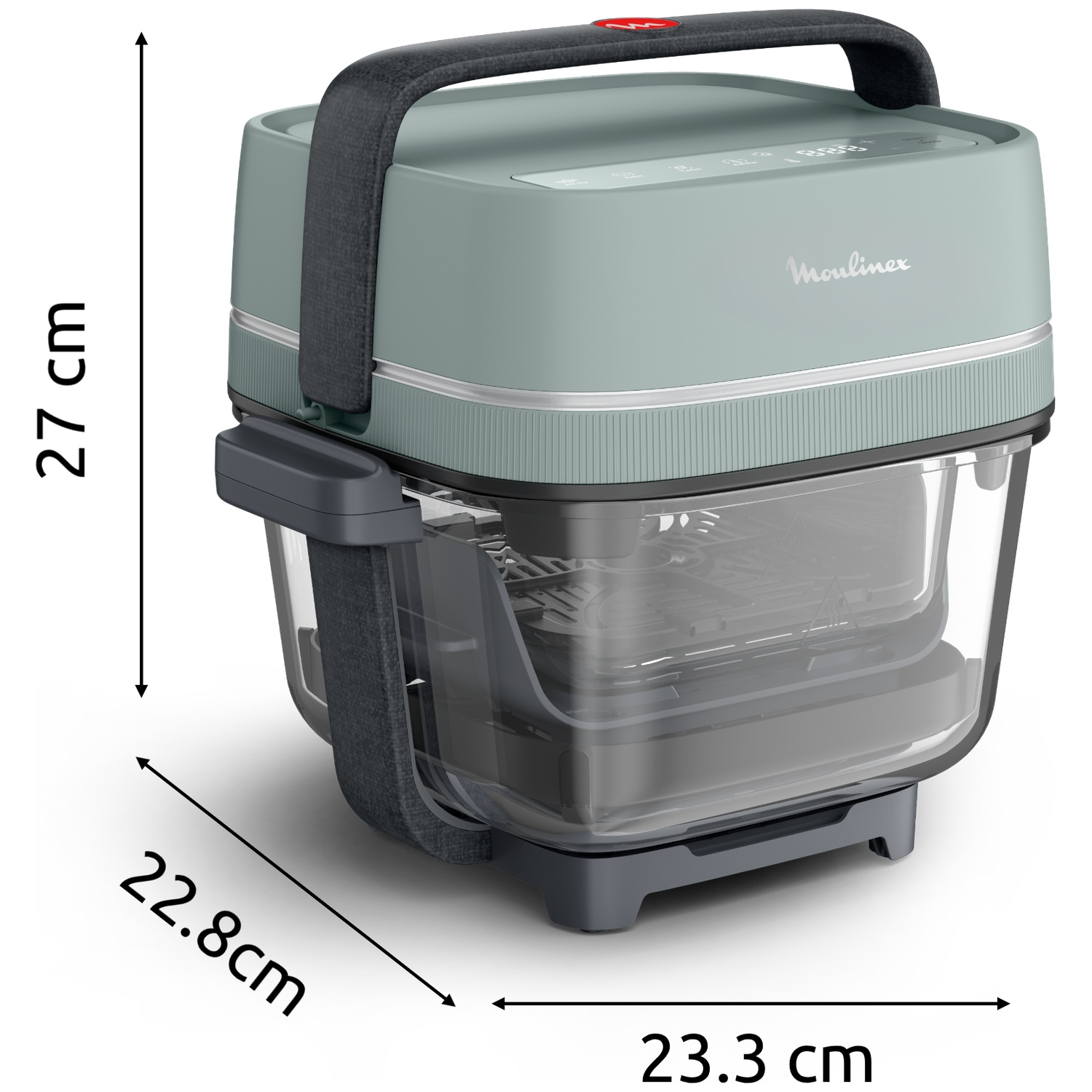 Groene Moulinex heteluchtfriteuse met doorzichtige kijkvenster en afmetingen 27x23,3x22,8 cm.