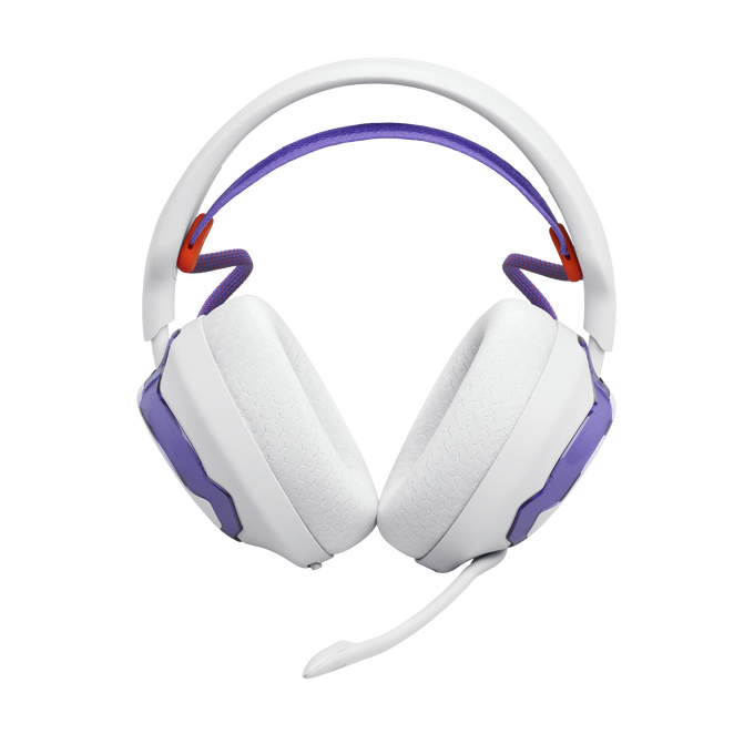 Auriculares gaming blancos con detalles morados y micrófono sobre fondo negro.