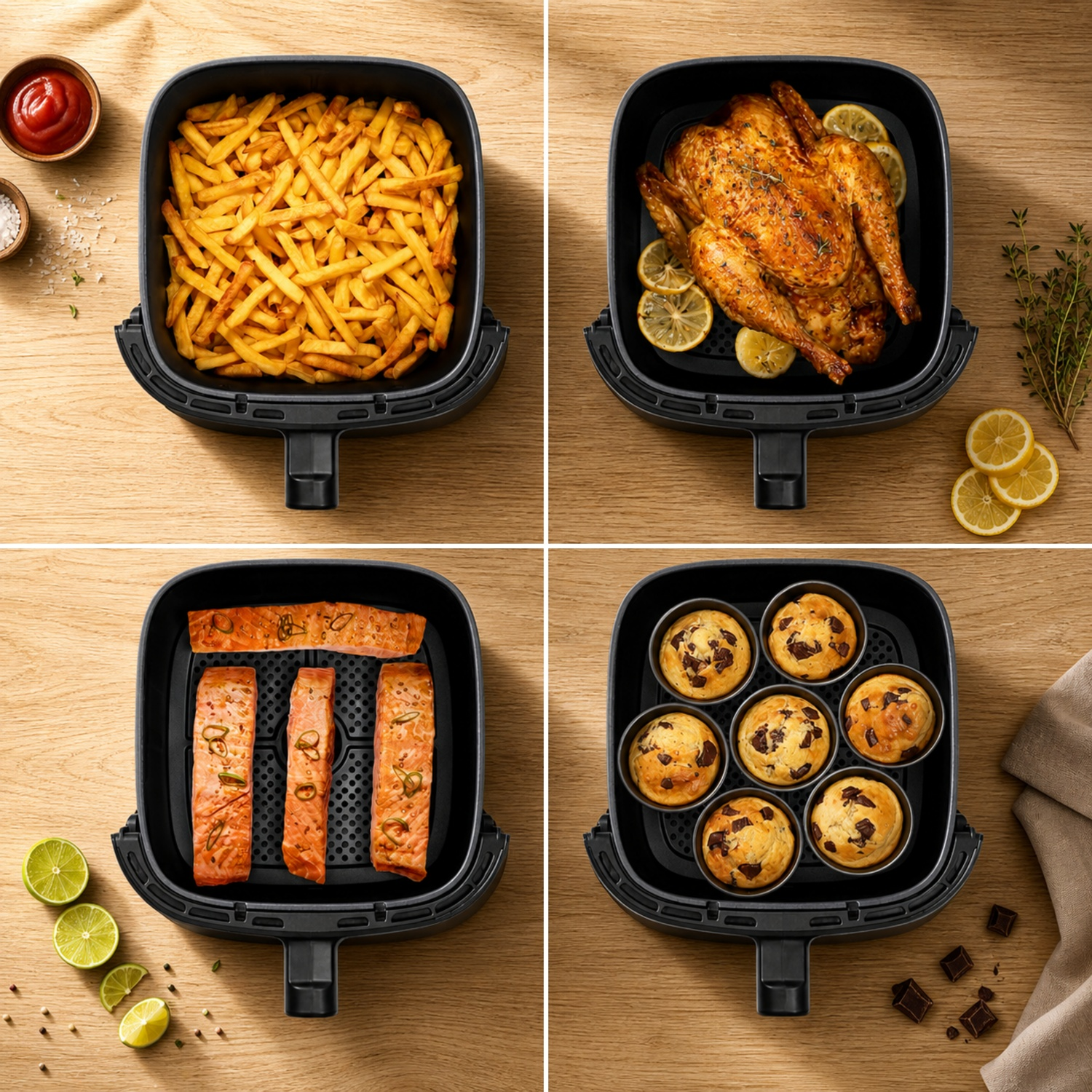 Vier airfryermanden op hout met friet, hele kip, zalm en muffins.