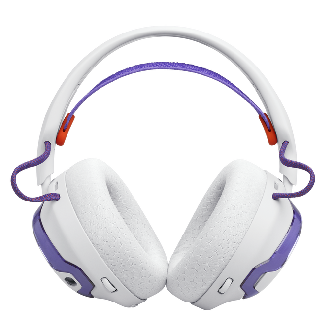 Auriculares supraaurales blancos con detalles en morado y naranja, sobre fondo negro.