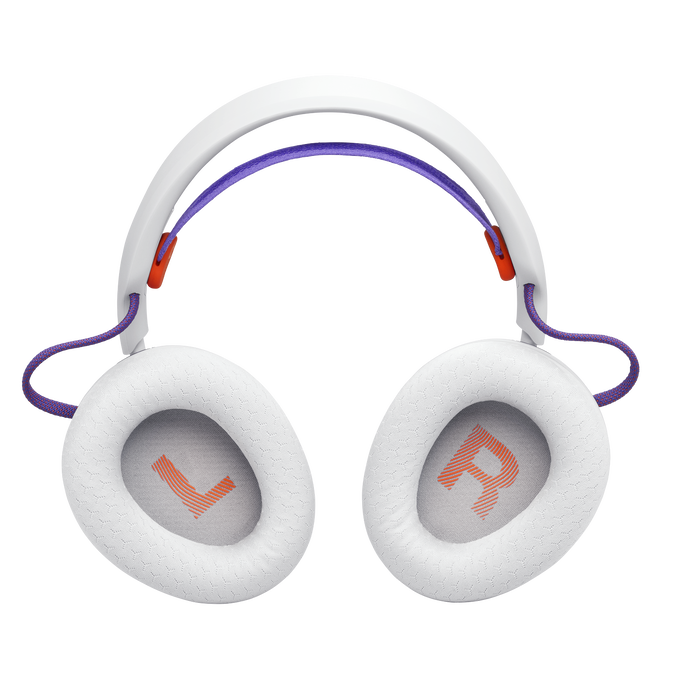 Auriculares supraurales blancos con cables morados y marcas L/R naranjas sobre fondo negro.