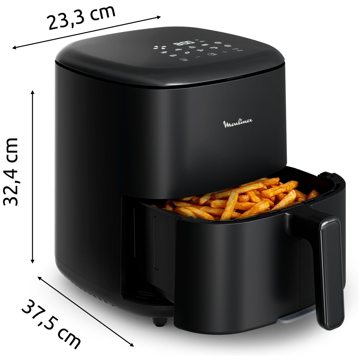 Zwarte Moulinex heteluchtfriteuse met uitgetrokken la vol patat en maataanduidingen.