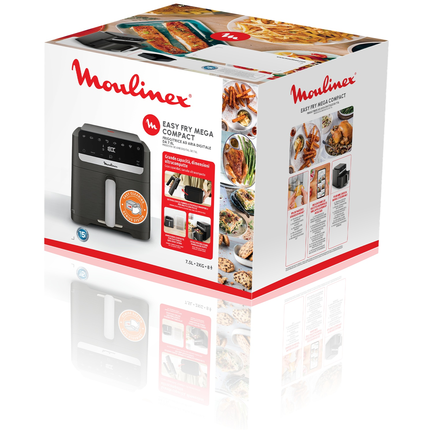 Verpakkingsdoos van de Moulinex Easy Fry Mega Compact heteluchtfriteuse met productafbeeldingen.