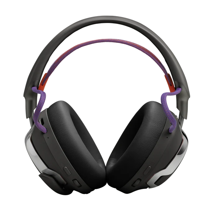 Auriculares supraaurales negros con diadema ajustable, almohadillas acolchadas y detalles de cable morado.