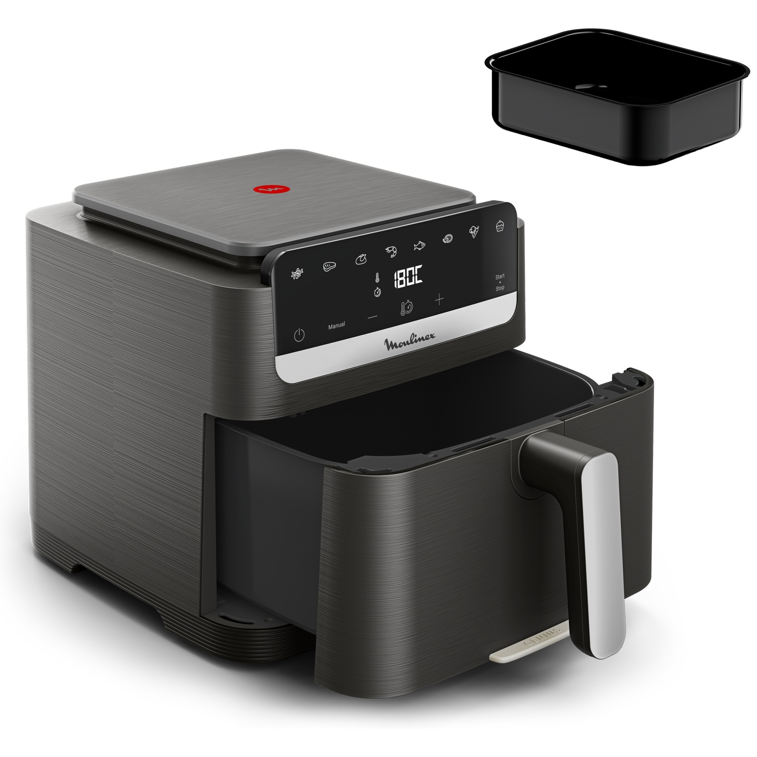 Een grijze Moulinex-airfryer met een geopende mand en los reservoir.