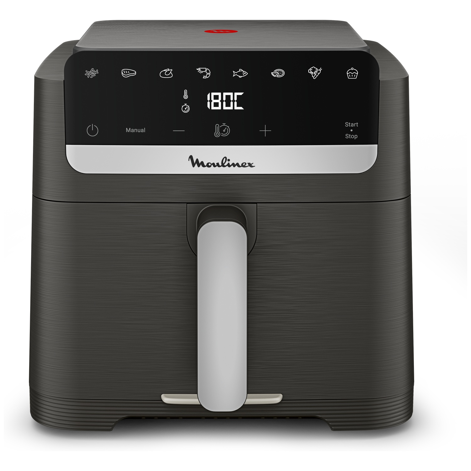Een zwarte Moulinex heteluchtfriteuse met digitaal display en zilveren handgreep op witte achtergrond.