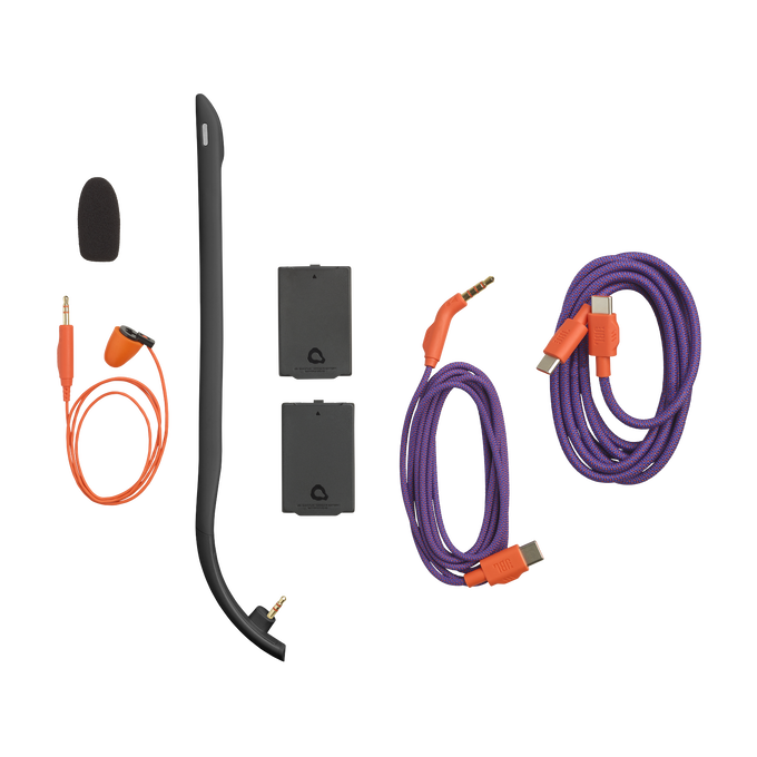 Varios accesorios para auriculares, incluidos micrófonos, cables y repuestos sobre fondo negro.