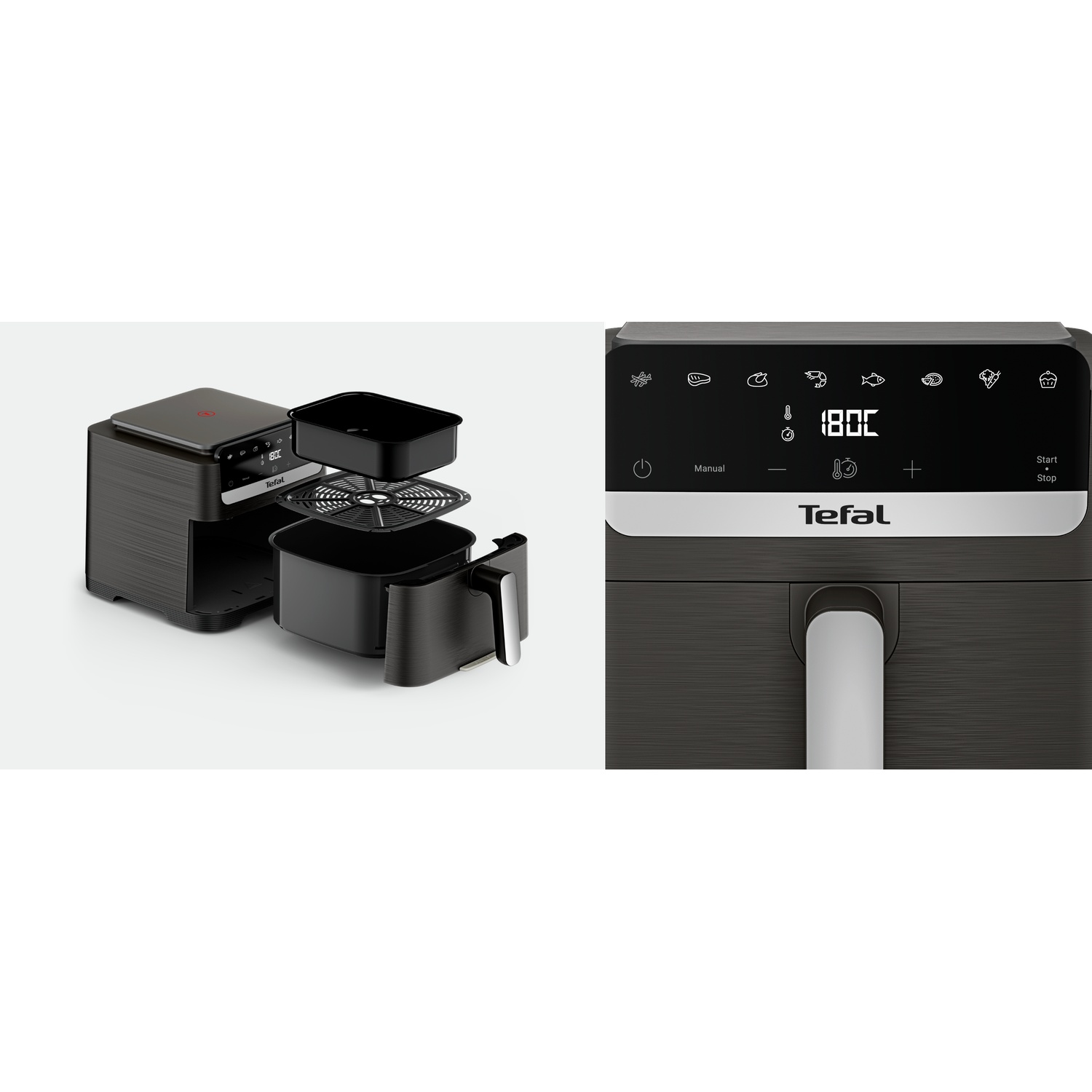 Zwarte Tefal-airfryer met losse mand en digitaal bedieningspaneel op witte achtergrond.