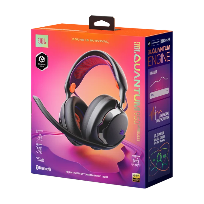 Empaque para auriculares inalámbricos JBL Quantum 950 en rosa y naranja con la imagen de los auriculares.