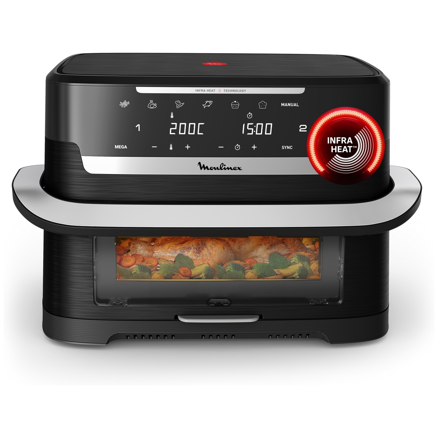 Zwarte Moulinex heteluchtfriteuse met digitaal display en kijkvenster waarin kip en groenten garen.
