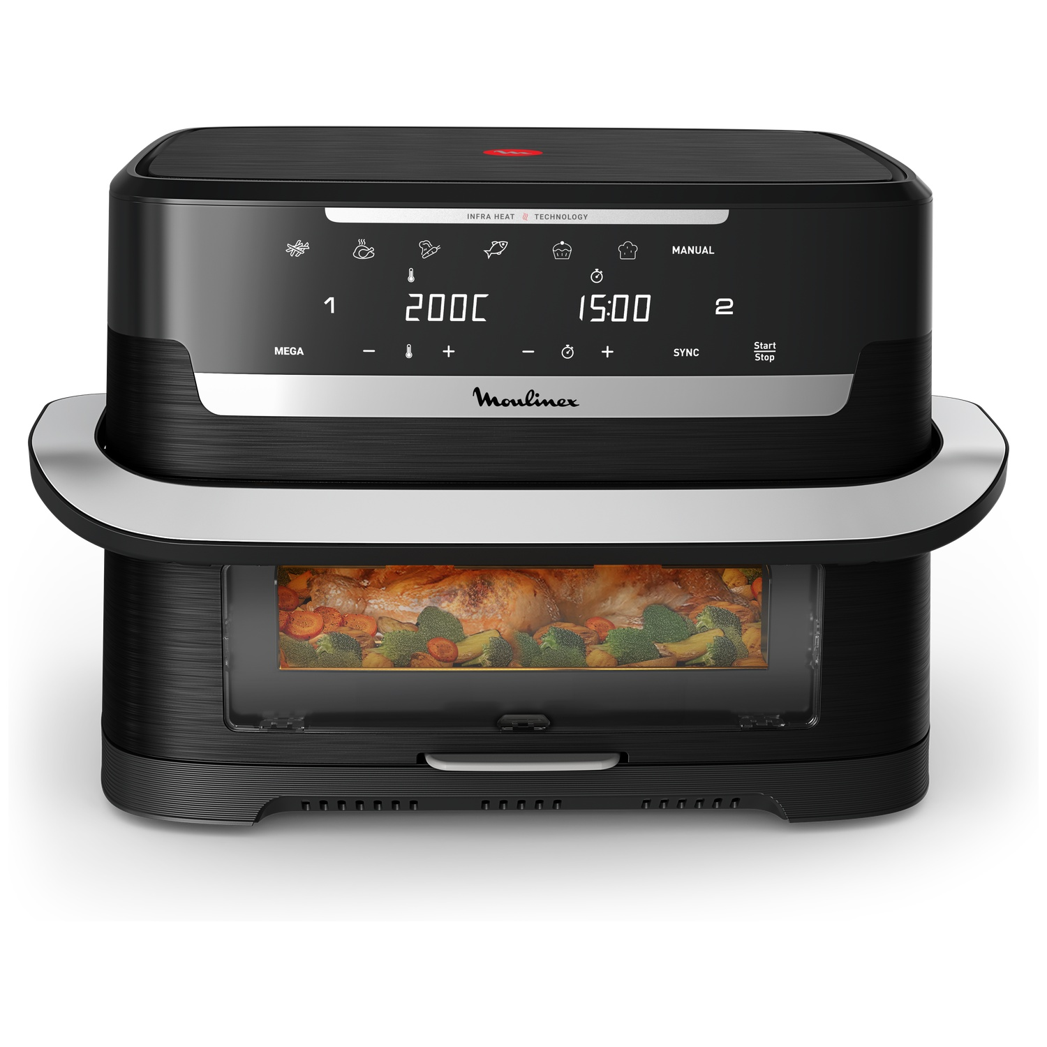Zwarte Moulinex heteluchtfriteuse met digitaal display en zichtbare kip en groenten in het venster.