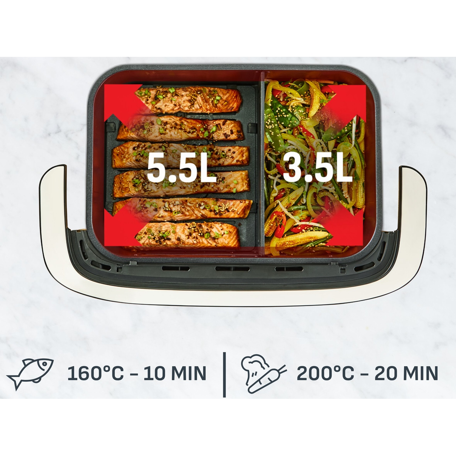 Gedeelde airfryermand met zalm en groenten, met temperatuur- en tijdinstellingen.