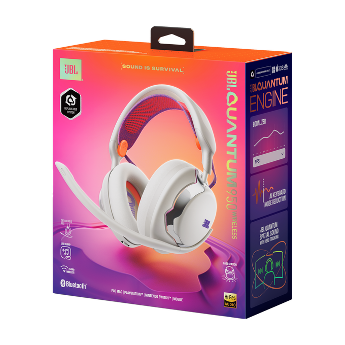 Embalaje de auriculares inalámbricos JBL Quantum 950 con auriculares blancos y naranjas.