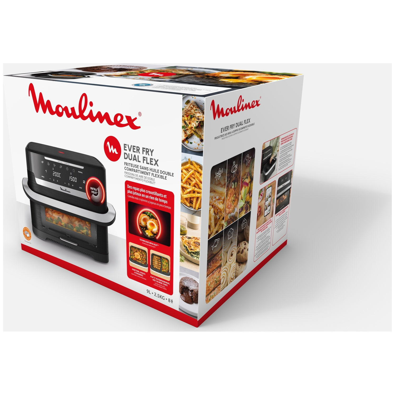 Verpakkingsdoos van de Moulinex Ever Fry Dual Flex heteluchtfriteuse met productfoto's.