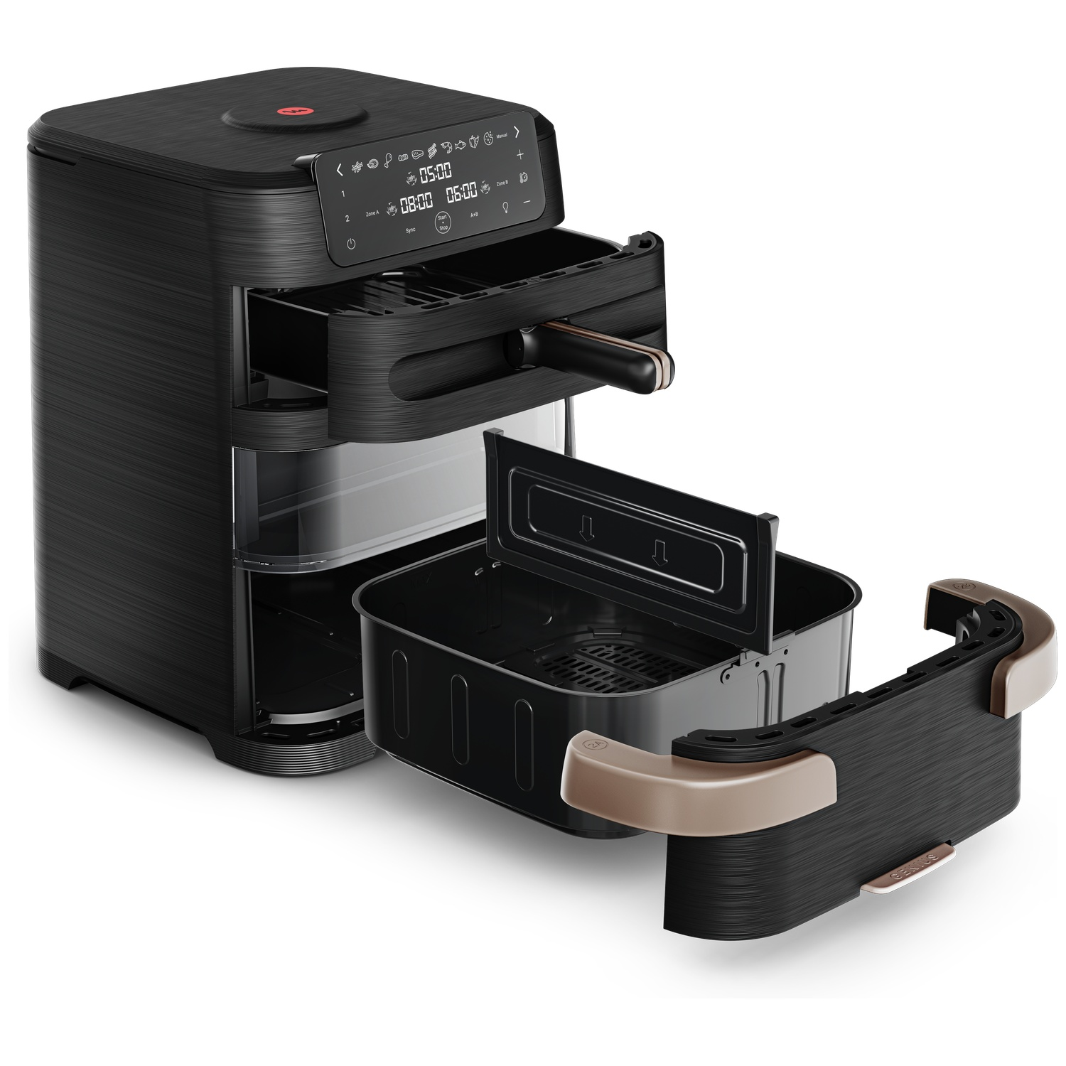 Zwarte airfryer met dubbele mand, open lade en digitaal bedieningspaneel tegen een witte achtergrond.