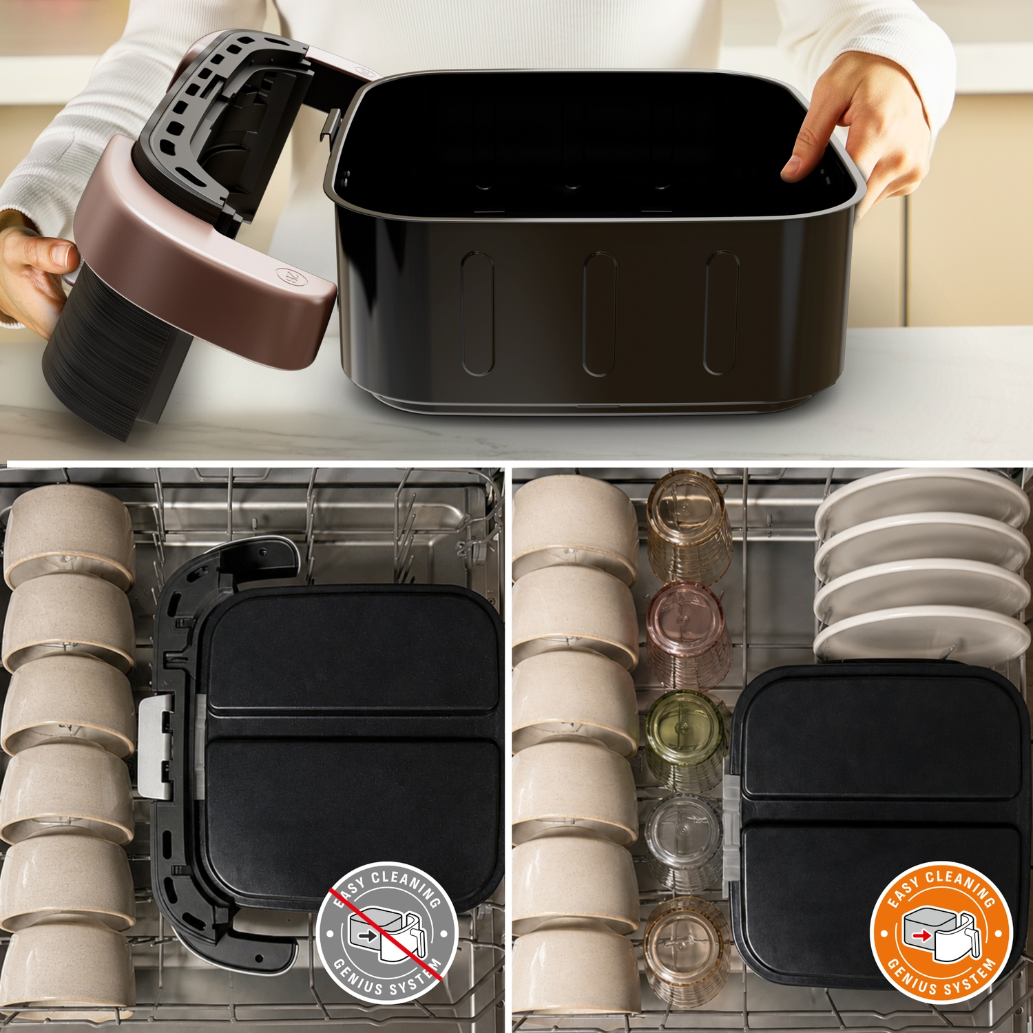 Iemand maakt de losse onderdelen van een zwarte airfryer schoon in de vaatwasser.