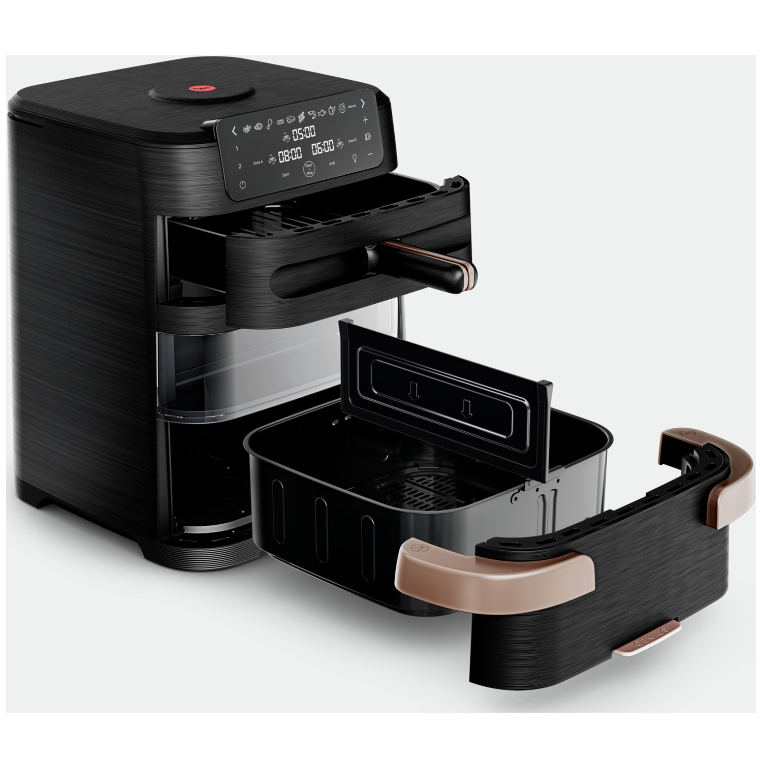 Zwarte airfryer met dubbele zone, digitale bediening en losse mand met koperkleurige handgrepen.