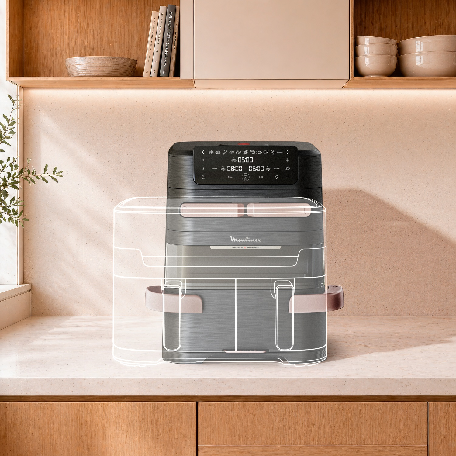 Een zwarte Moulinex-heteluchtfriteuse met digitaal display staat op een houten aanrecht.