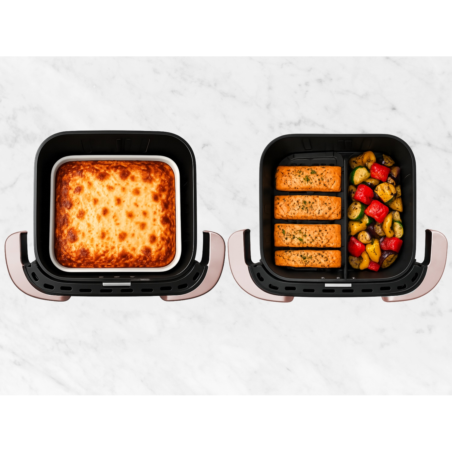 Een airfryer met ovenschotel links en gekruide vis met groenten rechts.