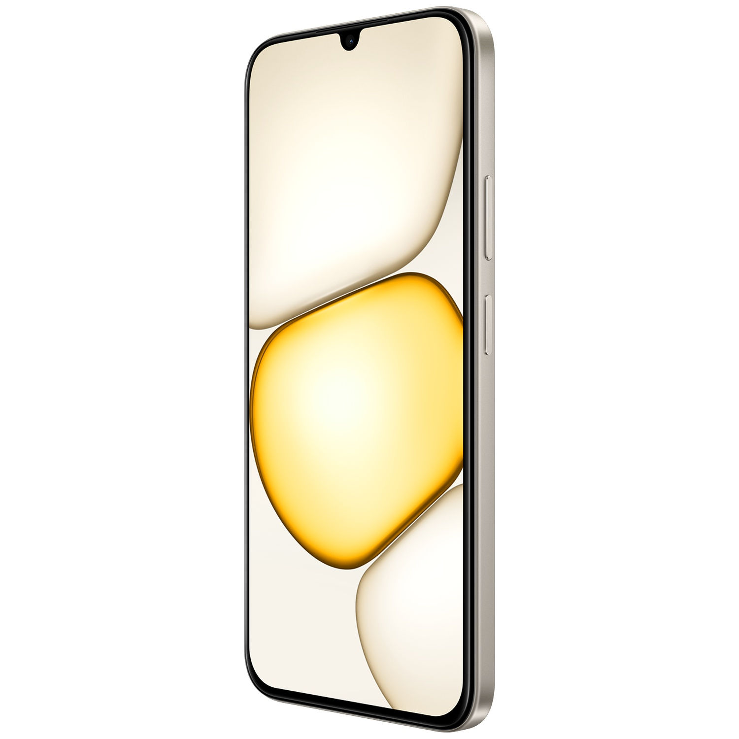 Een zilveren smartphone met felgele abstracte vormen op het scherm tegen een witte achtergrond.