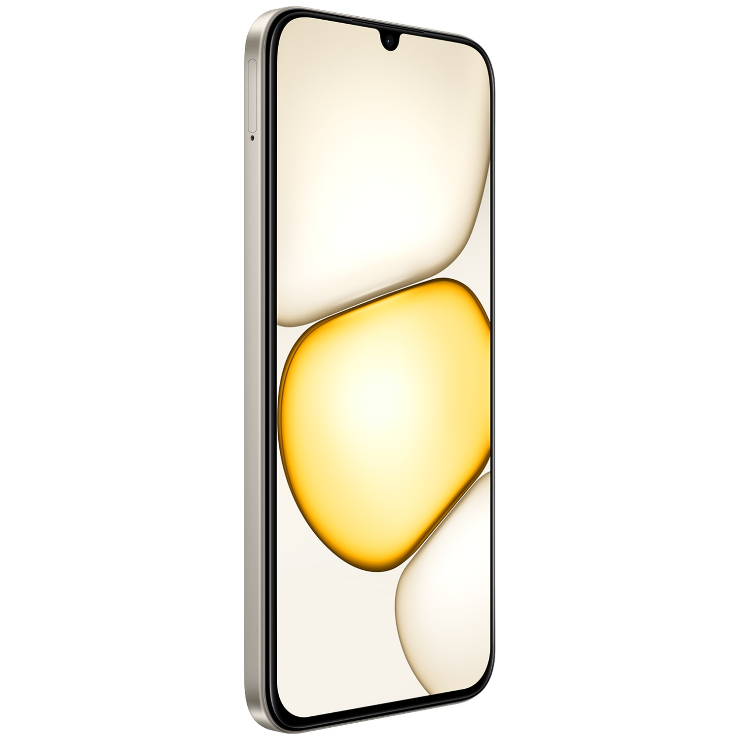 Een zilveren smartphone met een waterdruppelnotch en een levendige gele achtergrond.
