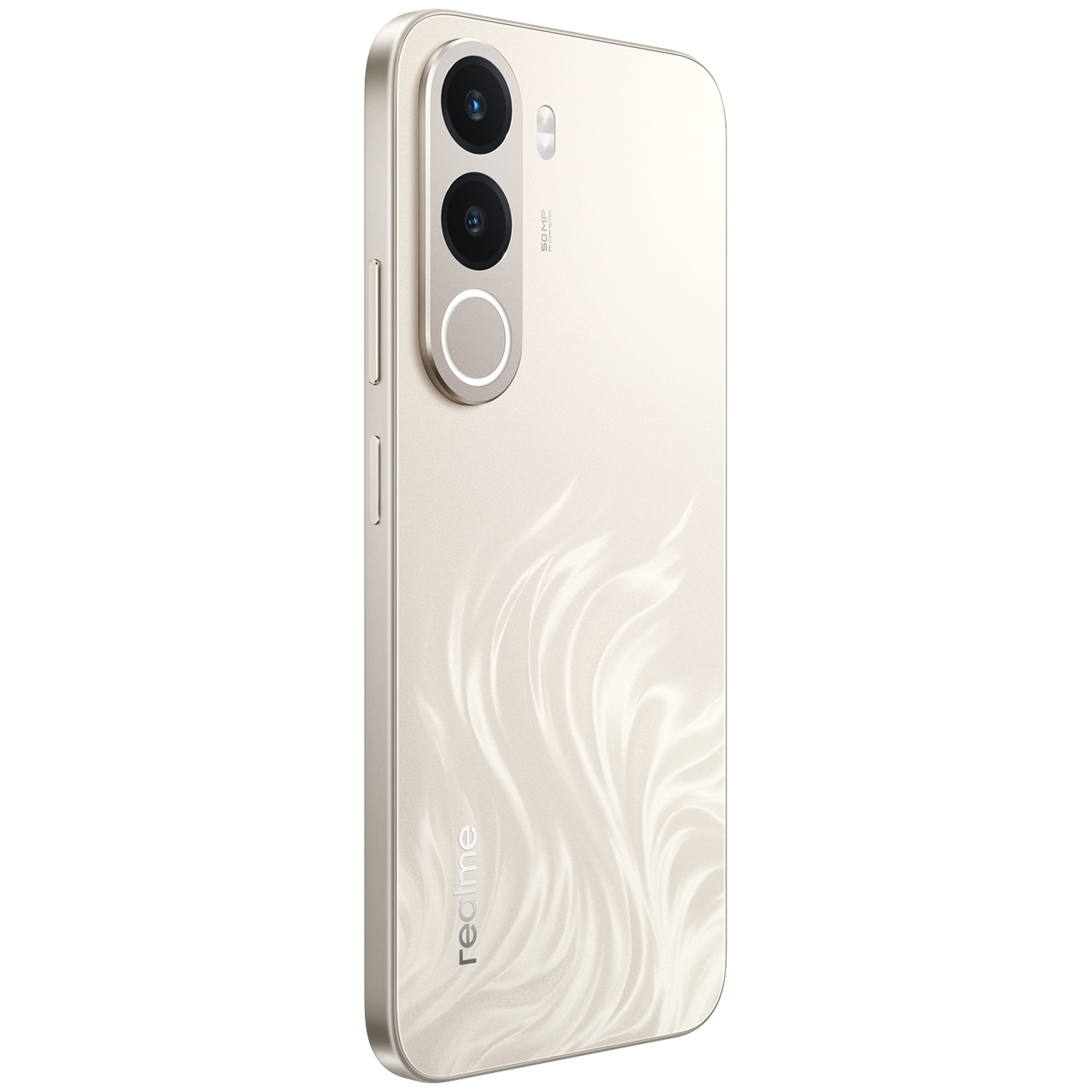 Achteraanzicht van een gouden Realme-smartphone met verticale cameramodule en wervelend patroon.