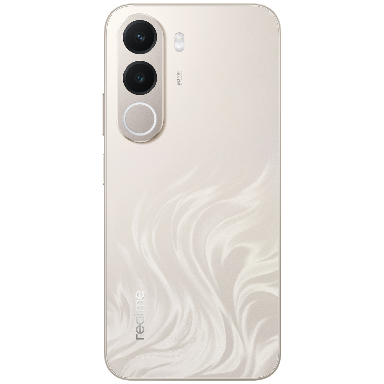 Achterkant van een gouden Realme-smartphone met verticale dual-cameramodule, flitser en golfpatroon.