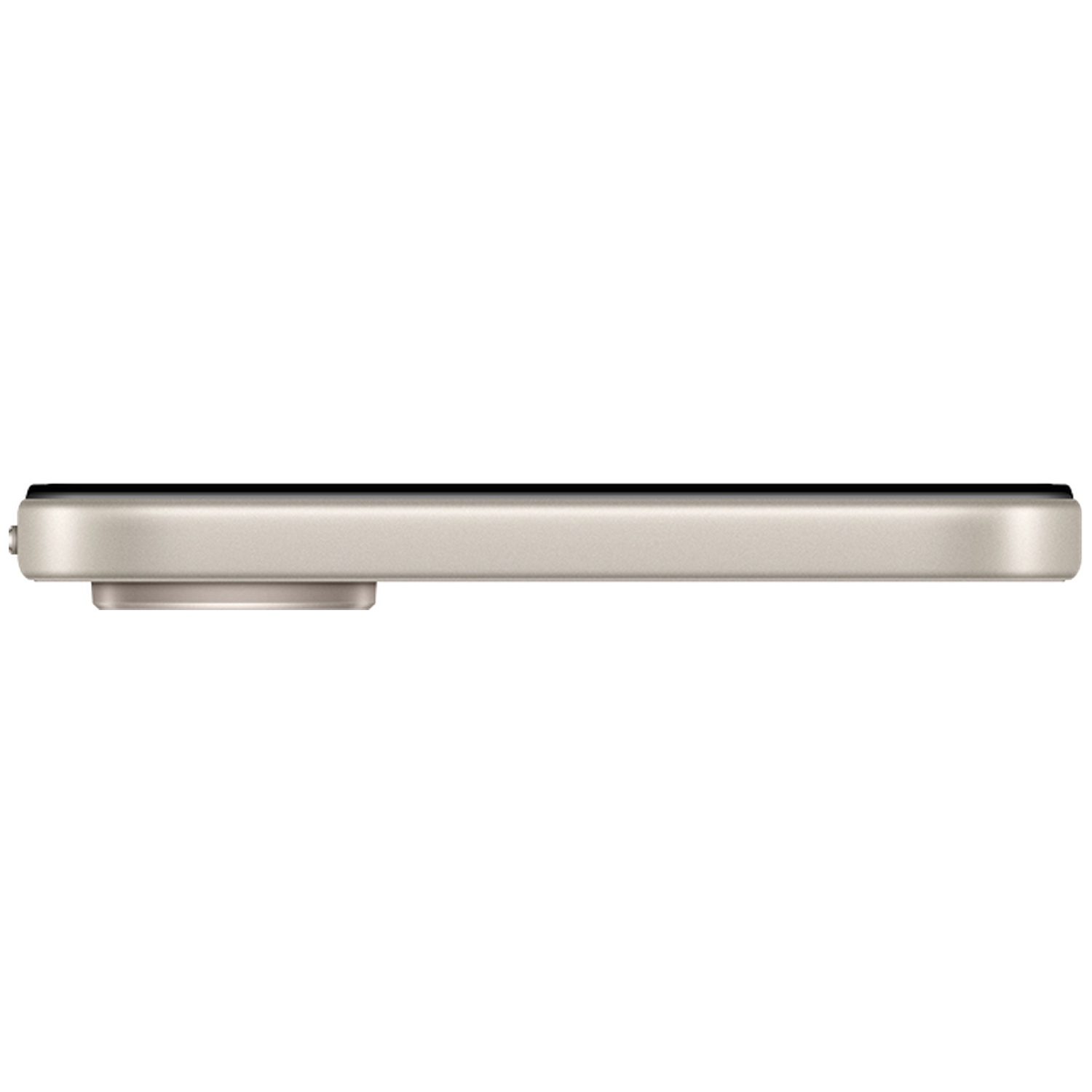Zijprofiel van een gouden smartphone met vlak frame en lichte camerabult op een witte achtergrond.