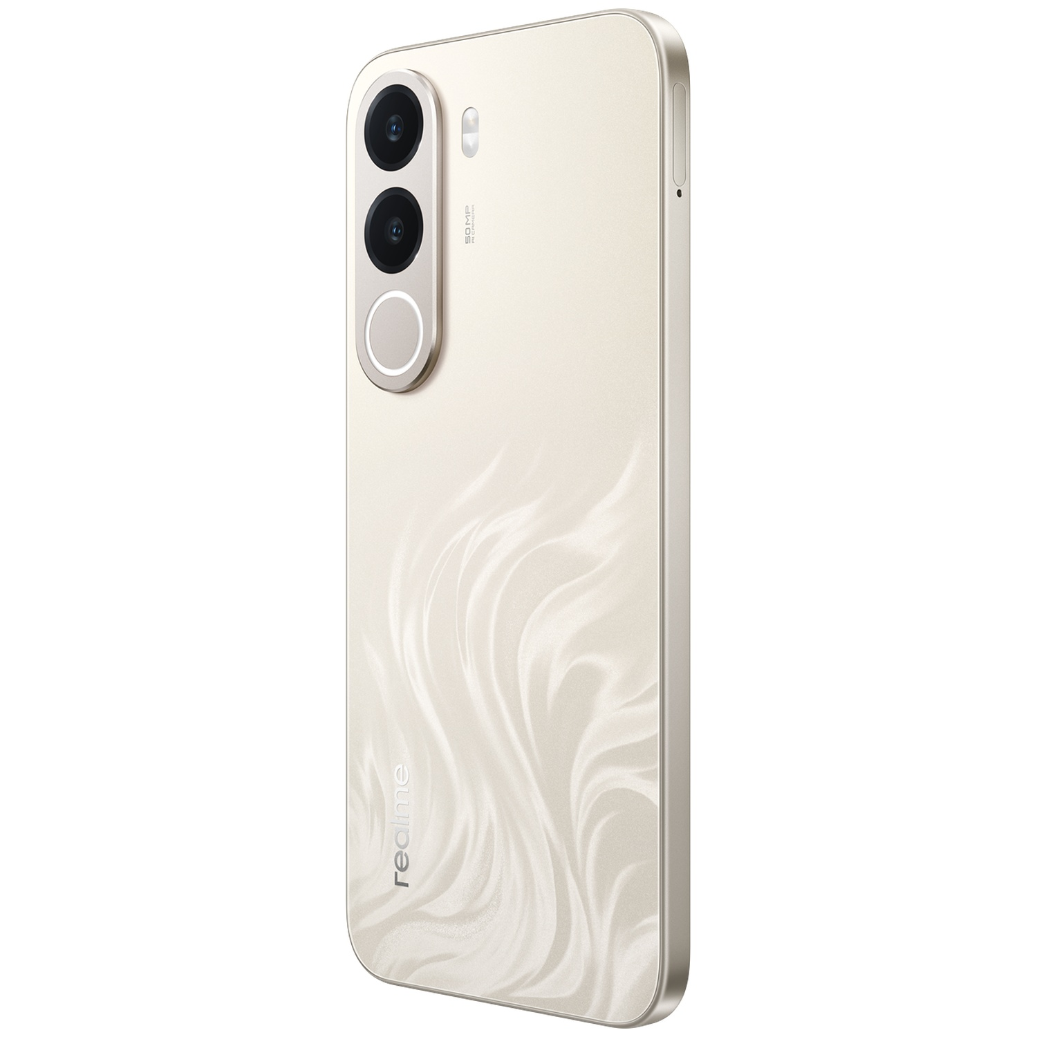 Achterkant van een beige Realme-smartphone met een verticale drievoudige cameramodule en wervelend patroon.