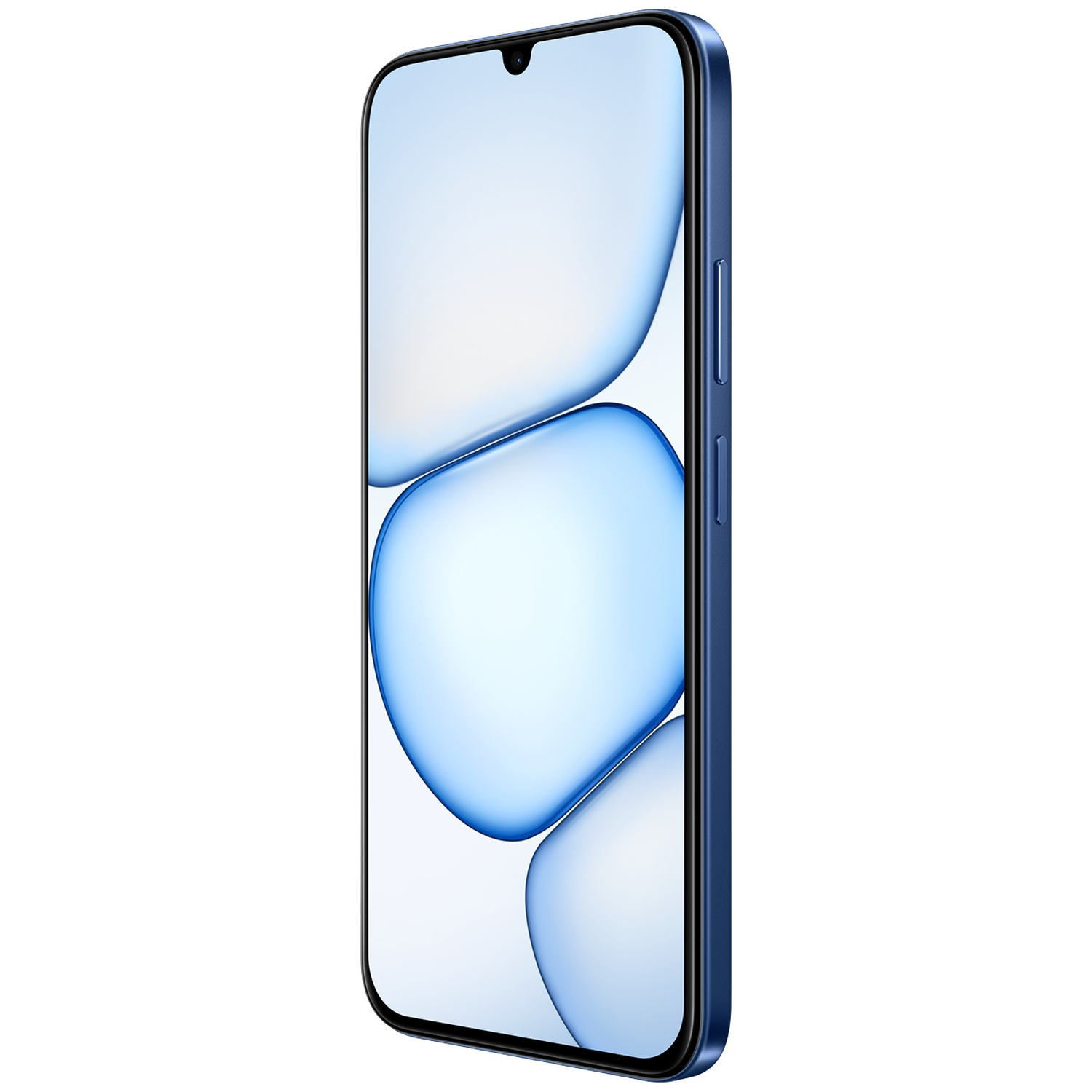 Un smartphone bleu avec écran arrondi et boutons latéraux sur fond blanc.