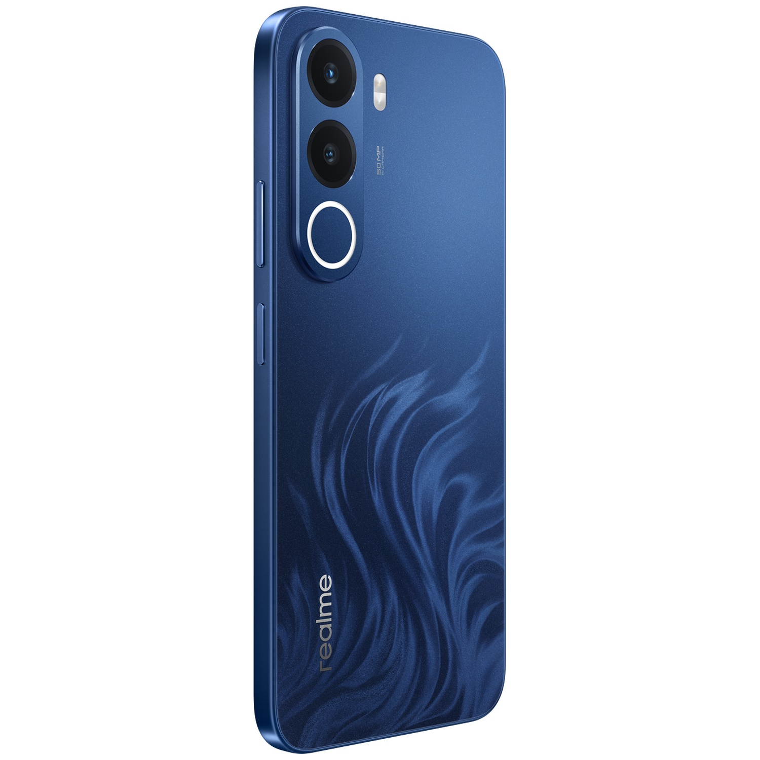 Dos bleu d'un smartphone Realme avec deux caméras et un motif ondulé.