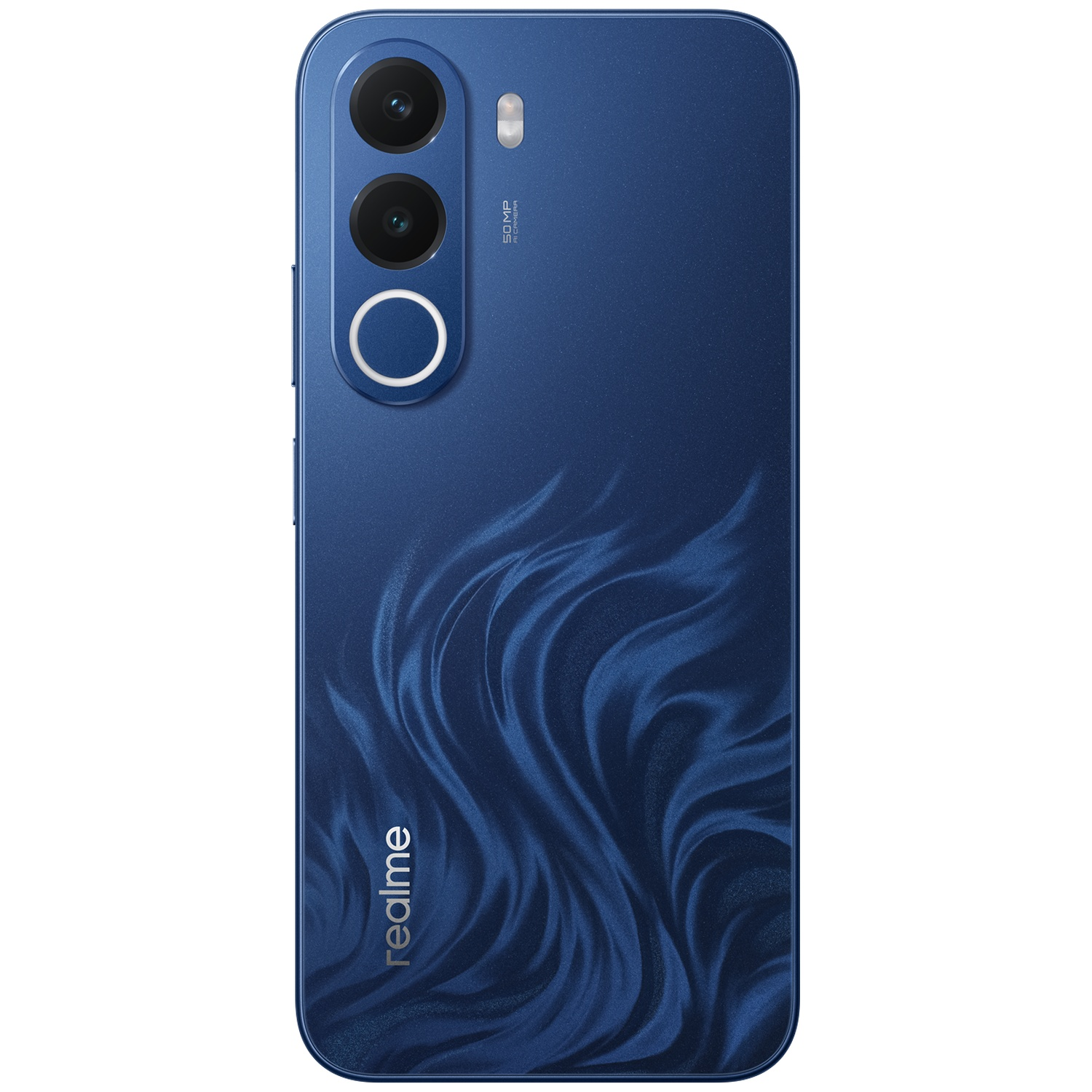 Dos de smartphone bleu avec double caméra verticale, flash et motif ondulé.